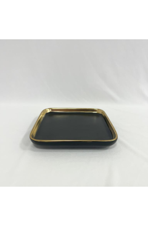 Bandeja Preta Com Dourado Quadrada em Cerâmica