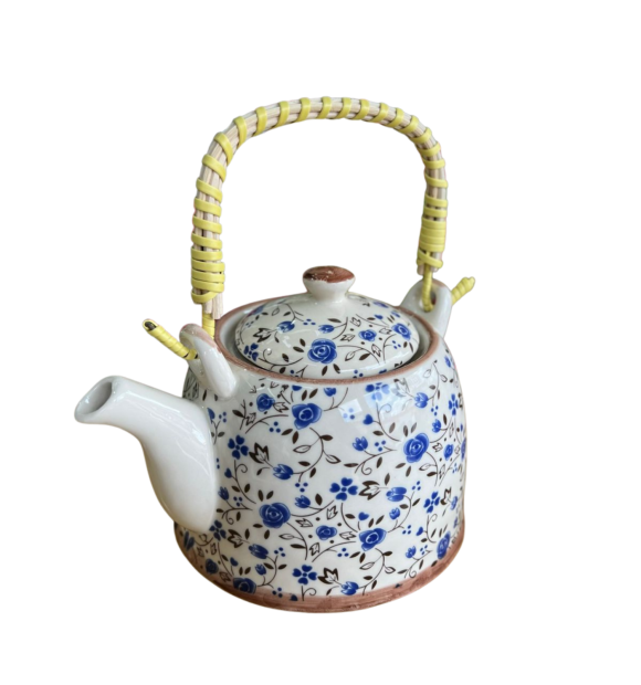 Bule Decorativo de Porcelana Floral - Branco "Rosas Azuis"