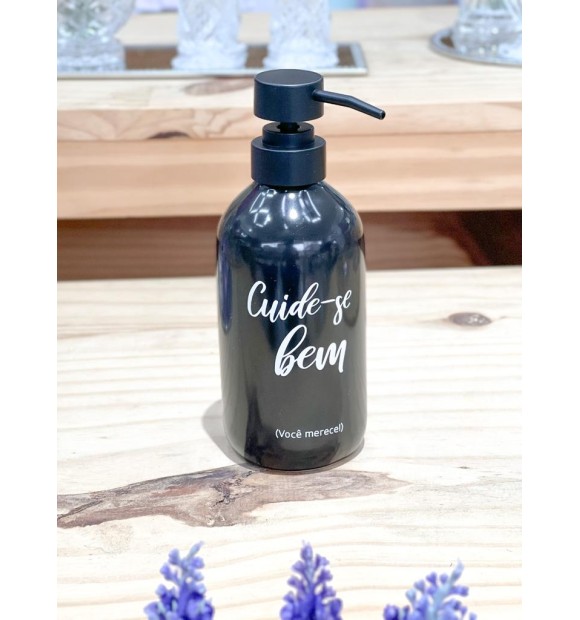Porta Sabonete Liquido Preto de Porcelana "Cuide-se Bem ( Você Merece)"