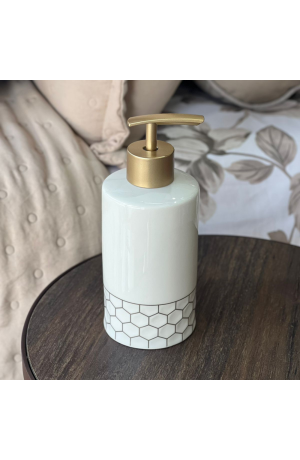 Porta Sabonete Liquido Branco com Dourado de Porcelana