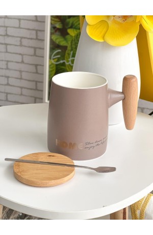 Caneca Nude de Cerâmica com Tampa de Bambu 350ml