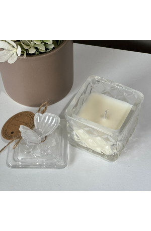 Vela Aromática com Castiçal Branco e Tampa com Borboleta