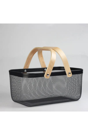 Cesta /Fruteira Preta de Metal com Alça de Madeira - (G)