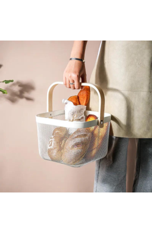 Cesta /Fruteira Branca de Metal com Alça de Madeira - 