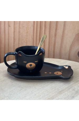 Xicara de Cerâmica  Preta ''Ursinho'' com  Pires em formato de urso polar  + Colher de Metal - 220ml