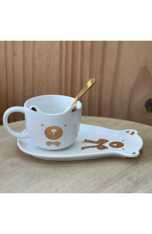 Xicara de Cerâmica  Branca ''Ursinho'' com  Pires + Colher  - 220ml