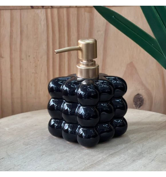  Porta Sabonete Líquido de Cerâmica - Preto com Tampa Dourada (420ml)