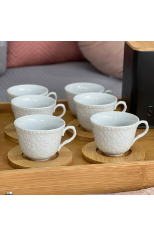 Jogo 6 Xicaras com Pires de Bambu Flores - 100ml