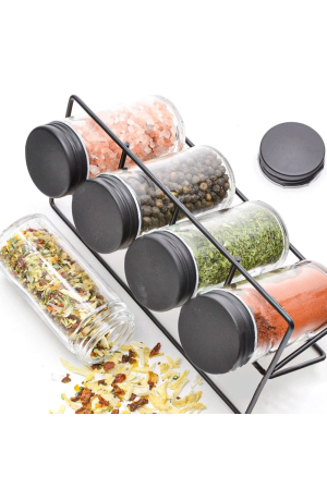 Porta Temperos com 4 Potes de Vidro e Suporte de Metal Preto
