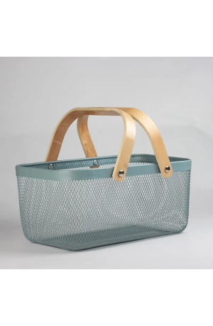 Cesta /Fruteira de Metal  Azul com Alça de Madeira - (G)