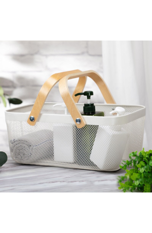 Cesta /Fruteira de Metal  Branco com Alça de Madeira - (G)