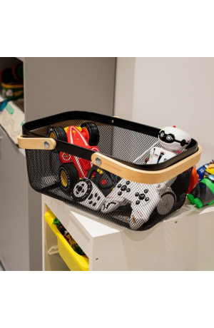 Cesta /Fruteira de Metal  Preta com Alça de Madeira - (G)