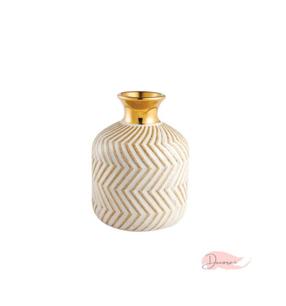 Vaso de Cerâmica Chevron Creme e Dourado Bojudinha Pequeno 9,5cm
