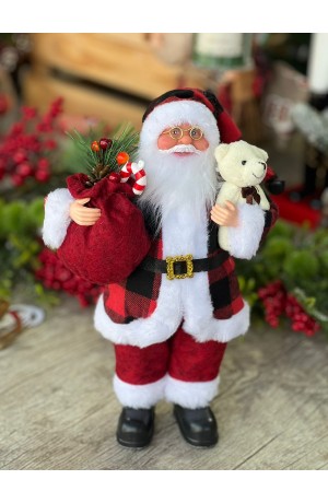 Papai Noel Decorativo 30cm com Camisa Xadrez e ursinho