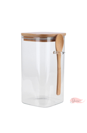 Pote de Vidro com Tampa e Colher de Bambu Quadrado - 650ml