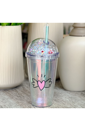 Copo Degradê de Plástico com Canudo Mod.3 - Coração com Asas 450ml