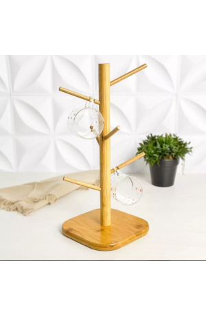 Porta Xicaras de Bambu c/ Base Quadrada  - 6 Ganchos