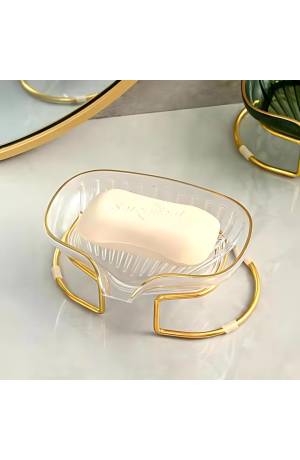 Saboneteira de Acrilico c/ Suporte em Metal Dourado - Transparente