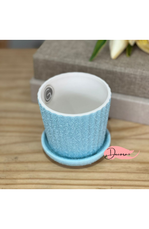 Vaso de Cerâmica Texturizado com Prato Azul Claro  - 10cm X 10cm