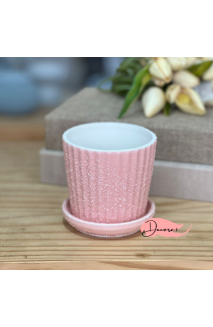 Vaso de Cerâmica Texturizado com Prato Rosa  - 10cm X 10cm