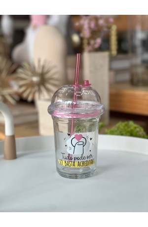 Copo de Vidro c/Tampa Domo e Canudo 