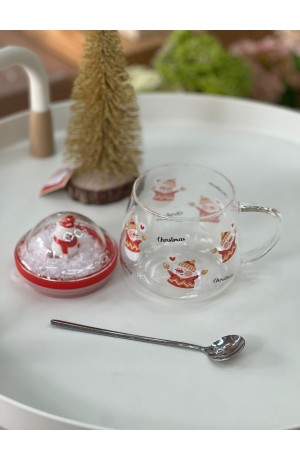 Caneca de Vidro com Colher e Tampa 400ml -  Boneco de Neve