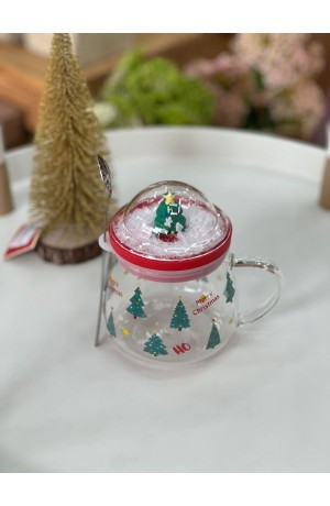 Caneca de Vidro com Colher e Tampa 400ml -  Árvore de Natal