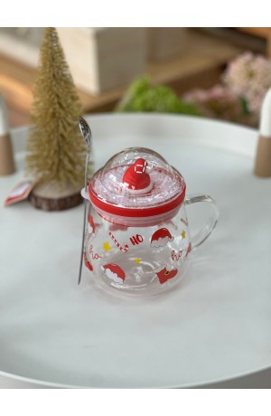 Caneca de Vidro com Colher e Tampa 400ml -  Gorro de Natal