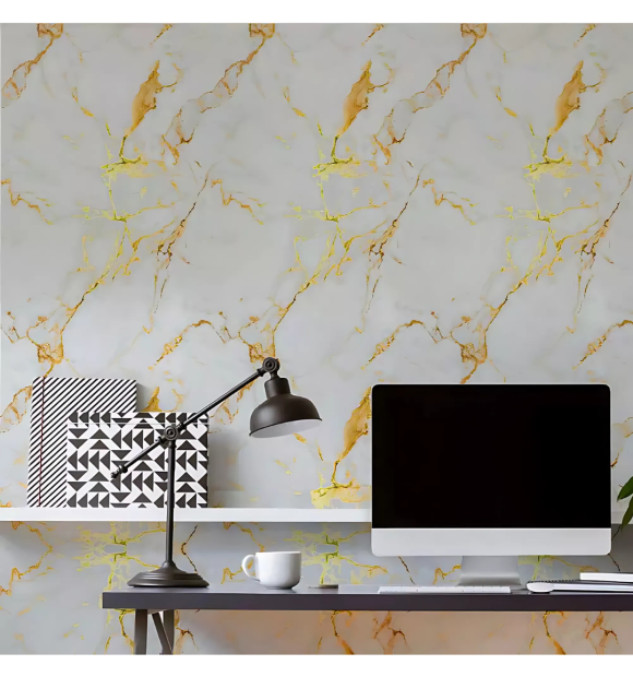 Papel de Parede Auto Adesivo Lavável Marmore com/Dourado - 4,5m X 60cm