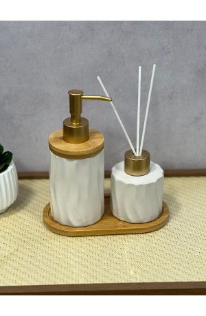 Kit de Banheiro Branco de Porcelana e Bambu - 3 Peças