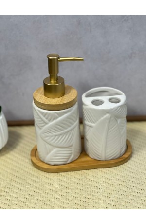 Kit de Banheiro Branco de Porcelana e Bambu - 3 Peças
