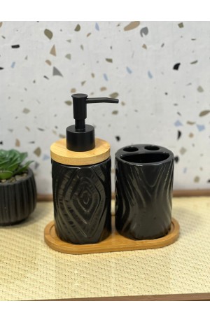 Kit de Banheiro Preto de Porcelana e Bambu - 3 Peças
