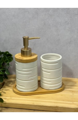 Kit de Banheiro Branco de Porcelana e Bambu - 3 Peças