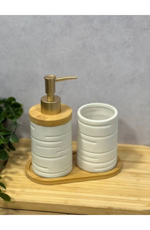 Kit de Banheiro Branco de Porcelana e Bambu - 3 Peças