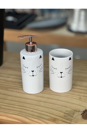 Kit de Banheiro Gatinho Branco c/ Rose  de Porcelana - 2 Peças