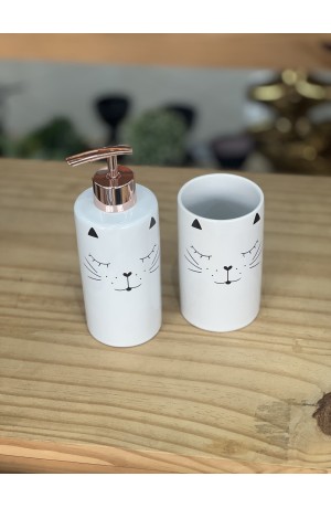 Kit de Banheiro Gatinho Branco c/ Rose  de Porcelana - 2 Peças