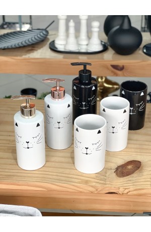 Kit de Banheiro Gatinho Branco c/ Dourado de Porcelana - 2 Peças