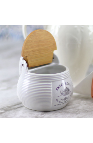 SALEIRO P/PAREDE DE CERAMICA C/TAMPA DE MADEIRA SWEET HOME 10X7,5X13CM REDONDO