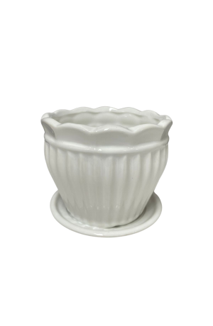 Vaso Branco com Pratinho de Cerâmica com Listras Verticais P 9cm