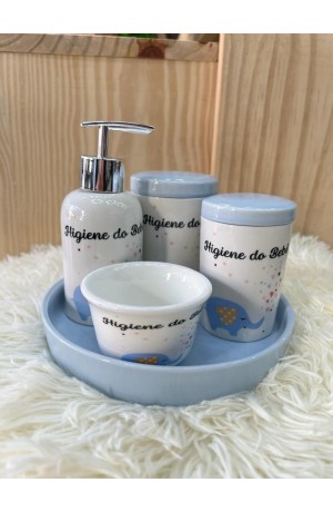 Kit Higiêne Azul Elefante de Porcelna com 5 Peças